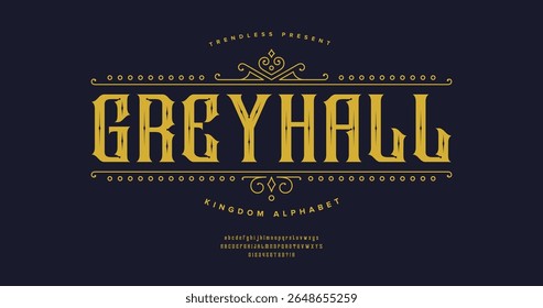Grey Hall: A bold modern gothic font with a classic edge. Designed for music bands, metal aesthetics, and edgy branding. Includes complete alphabet set in strong urban style vector format.