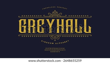 Grey Hall: A bold modern gothic font with a classic edge. Designed for music bands, metal aesthetics, and edgy branding. Includes complete alphabet set in strong urban style vector format.