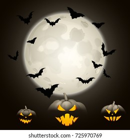 Grey halloween background with black bats, pumpkins and moon. Vector illustration.