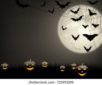 Grey halloween background with black pumpkins, bats and moon. Vector illustration.
