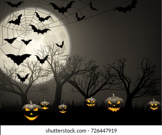 Grey halloween background with black pumpkins, bats and moon. Vector illustration.