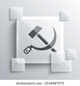 Grey Hammer and sickle USSR icon isolated on grey background. Symbol Soviet Union. Square glass panels. Vector