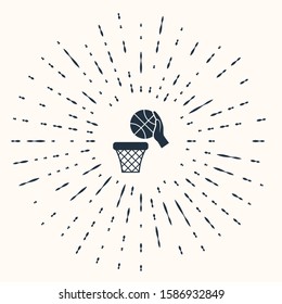 Grey Hand with basketball ball and basket icon isolated on beige background. Ball in basketball hoop. Abstract circle random dots. Vector Illustration