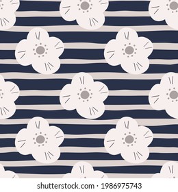 Grey hand drawn kids style daisy flowers elements. Dark striped background. Scandinavian backdrop. Great for fabric design, textile print, wrapping, cover. Vector illustration.