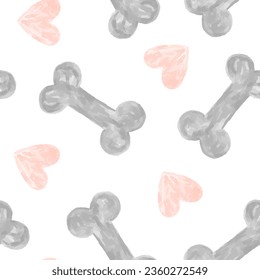 Grey hand drawn watercolor bones with pink hearts seamless pattern for dog mat design or puppy textile