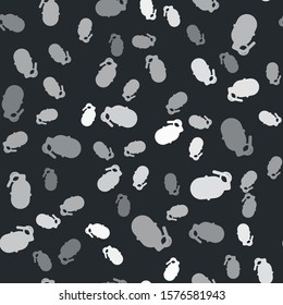 Grey Hand grenade icon isolated seamless pattern on black background. Bomb explosion.  Vector Illustration