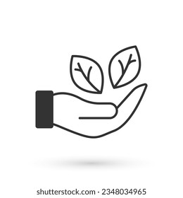 Grey Hand hold a leaf of the plant icon isolated on white background. Care nature. Leaf shoots with environmental protection.  Vector