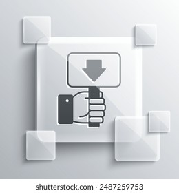 Grey Hand holding auction paddle icon isolated on grey background. Bidding concept. Auction competition. Hands rising signs with BID inscriptions. Square glass panels. Vector