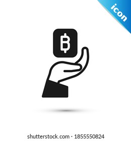 Grey Hand holding Bitcoin icon isolated on white background. Blockchain technology, digital money market, cryptocoin wallet.  Vector