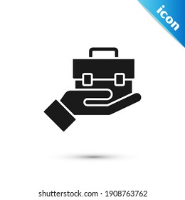 Grey Hand holding briefcase icon isolated on white background. Insurance concept. Security, safety, protection, protect concept.  Vector