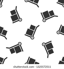 Grey Hand truck and boxes icon isolated seamless pattern on white background. Dolly symbol. Vector Illustration