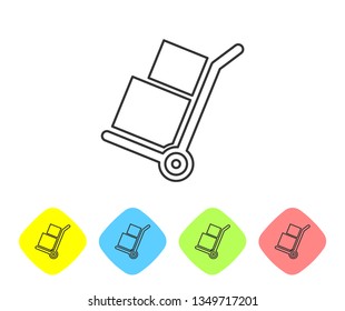 Grey Hand truck and boxes line icon isolated on white background. Dolly symbol. Set icon in color rhombus buttons. Vector Illustration