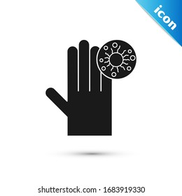 Grey Hand with virus icon isolated on white background. Corona virus 2019-nCoV. Bacteria and germs, cell cancer, microbe, fungi.  Vector Illustration