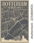 Grey hand-drawn framed poster of the downtown ROTTERDAM, NETHERLANDS with highlighted vintage city skyline and lettering