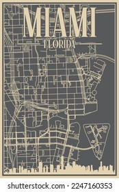 Grey hand-drawn framed poster of the downtown MIAMI, FLORIDA with highlighted vintage city skyline and lettering