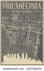 Grey hand-drawn framed poster of the downtown PHILADELPHIA, PENNSYLVANIA with highlighted vintage city skyline and lettering