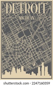 Afiche enmarcado con gris dibujado a mano del centro de DETROIT, MICHIGAN con realce del perfil de la ciudad vintage y letras