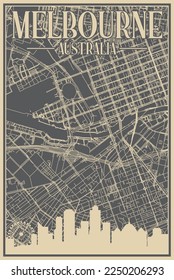 Afiche enmarcado dibujado a mano en gris del centro de MELBOURNE, AUSTRALIA con el perfil de la ciudad vintage resaltado y letras