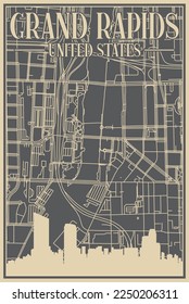Grey hand-drawn framed poster of the downtown GRAND RAPIDS, UNITED STATES OF AMERICA with highlighted vintage city skyline and lettering