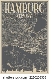 Afiche enmarcado dibujado a mano en gris del centro de HAMBURG, ALEMANIA, con realzado perfil de ciudad vintage y letras