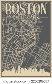 Afiche enmarcado dibujado a mano en gris del centro de BOSTON, ESTADOS UNIDOS DE AMÉRICA, con realzado perfil de ciudad vintage y letras