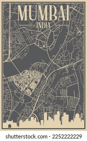 Grey hand-drawn framed poster of the downtown MUMBAI, INDIA with highlighted vintage city skyline and lettering