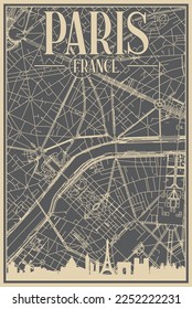 Grey hand-drawn framed poster of the downtown PARIS, FRANCE with highlighted vintage city skyline and lettering