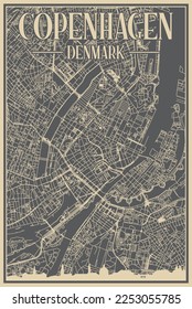 Grey hand-drawn framed poster of the downtown COPENHAGEN, DENMARK with highlighted vintage city skyline and lettering