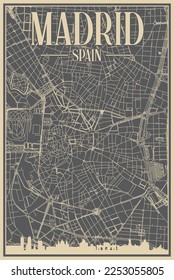 Grey hand-drawn framed poster of the downtown MADRID, SPAIN with highlighted vintage city skyline and lettering
