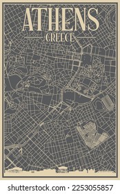 Grey hand-drawn framed poster of the downtown ATHENS, GREECE with highlighted vintage city skyline and lettering