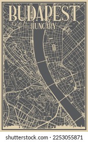 Grey hand-drawn framed poster of the downtown BUDAPEST, HUNGARY with highlighted vintage city skyline and lettering