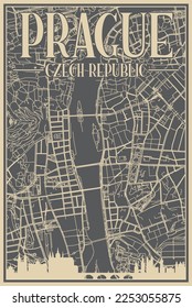 Grey hand-drawn framed poster of the downtown PRAGUE, CZECH REPUBLIC with highlighted vintage city skyline and lettering