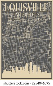 Grey hand-drawn framed poster of the downtown LOUISVILLE, UNITED STATES OF AMERICA with highlighted vintage city skyline and lettering