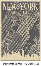 Afiche enmarcado a mano gris del centro de NUEVA YORK, ESTADOS UNIDOS DE AMÉRICA, con realzado perfil de ciudad vintage y letras