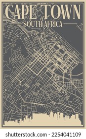 Grey hand-drawn framed poster of the downtown CAPE TOWN, SOUTH AFRICA with highlighted vintage city skyline and lettering