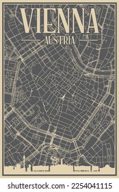 Grey hand-drawn framed poster of the downtown VIENNA, AUSTRIA with highlighted vintage city skyline and lettering