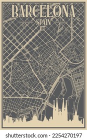 Grey hand-drawn framed poster of the downtown BARCELONA, SPAIN with highlighted vintage city skyline and lettering