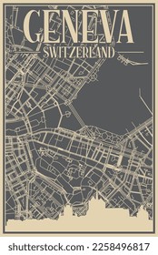 Grey hand-drawn framed poster of the downtown GENEVA, SWITZERLAND with highlighted vintage city skyline and lettering