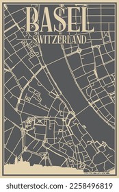 Grey hand-drawn framed poster of the downtown BASEL, SWITZERLAND with highlighted vintage city skyline and lettering
