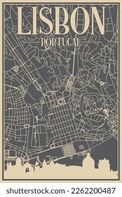 Grey hand-drawn framed poster of the downtown LISBON, PORTUGAL with highlighted vintage city skyline and lettering