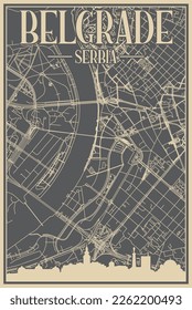 Grey hand-drawn framed poster of the downtown BELGRADE, SERBIA with highlighted vintage city skyline and lettering