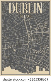 Grey hand-drawn framed poster of the downtown DUBLIN, IRELAND with highlighted vintage city skyline and lettering