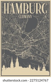 Grey hand-drawn framed poster of the downtown HAMBURG, GERMANY with highlighted vintage city skyline and lettering