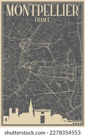Grey hand-drawn framed poster of the downtown MONTPELLIER, FRANCE with highlighted vintage city skyline and lettering