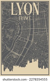 Grey hand-drawn framed poster of the downtown LYON, FRANCE with highlighted vintage city skyline and lettering