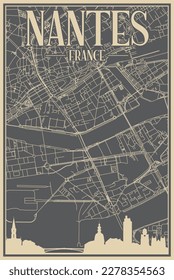 Grey hand-drawn framed poster of the downtown NANTES, FRANCE with highlighted vintage city skyline and lettering