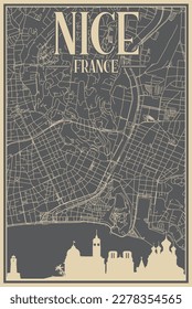 Grey hand-drawn framed poster of the downtown NICE, FRANCE with highlighted vintage city skyline and lettering