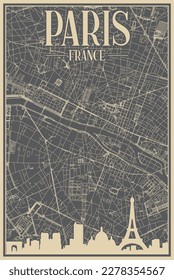 Afiche enmarcado dibujado a mano en gris del centro de PARÍS, FRANCIA con realzado perfil de la ciudad vintage y letras