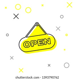 Grey Hanging sign with text Open door line icon isolated on white background. Vector Illustration
