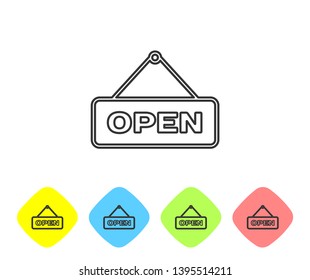 Grey Hanging sign with text Open door line icon isolated on white background. Set icon in color rhombus buttons. Vector Illustration